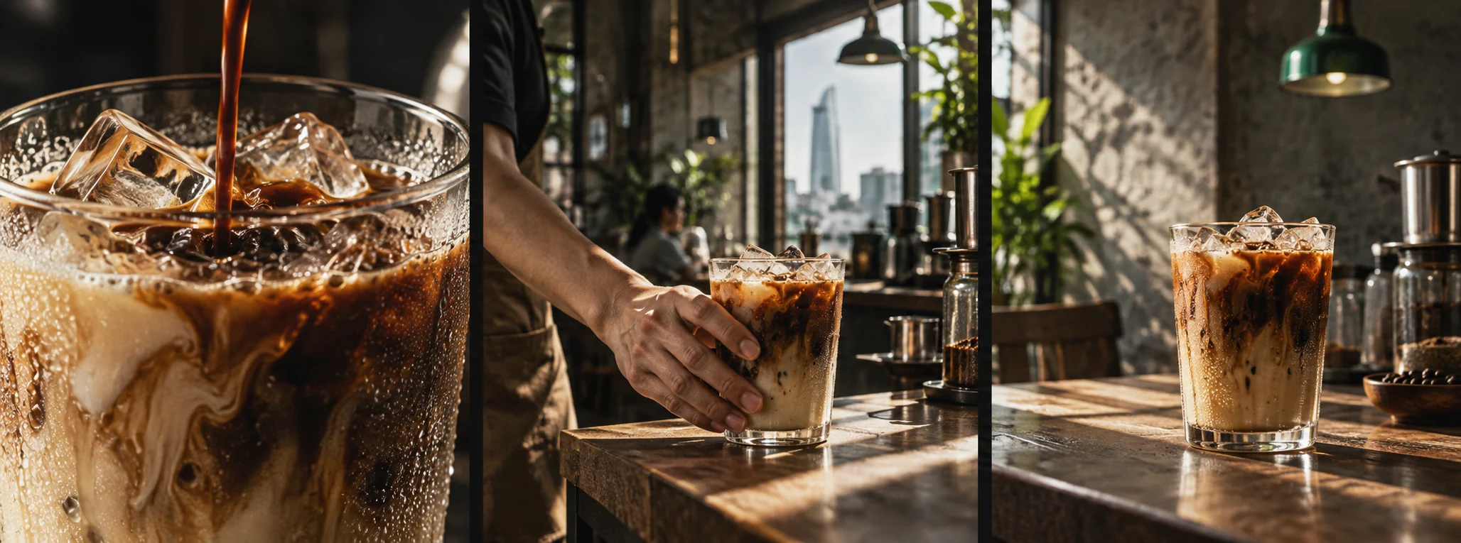 Ba khung hình điện ảnh của một concept quảng cáo cà phê sữa đá, từ cảnh rót cận đến cảnh sản phẩm hoàn chỉnh